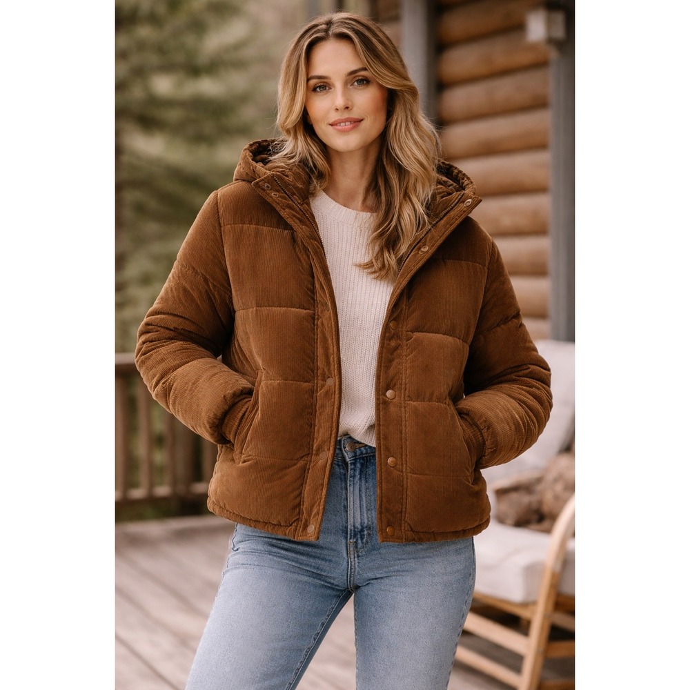 CISONO Corduroy Puffer Jacket Brown Hooded – Size M